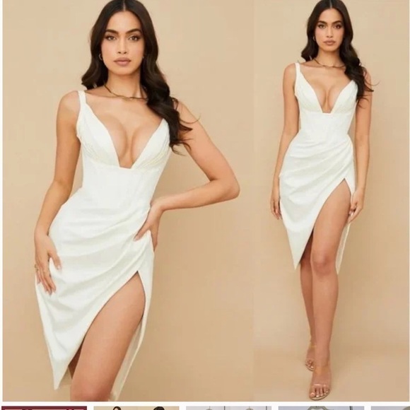 HOUSE OF CB XS WHITE MIDI FITTED FAYE DRESS Faye Satin Pleated Midi extra small - Picture 3 of 12